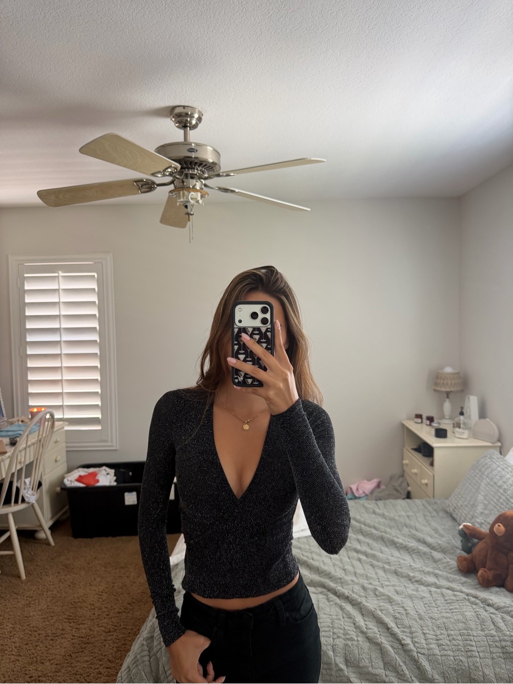 Urban Outfitters Black Sparkle Deep V-Neck Long Wrap Sleeve Top